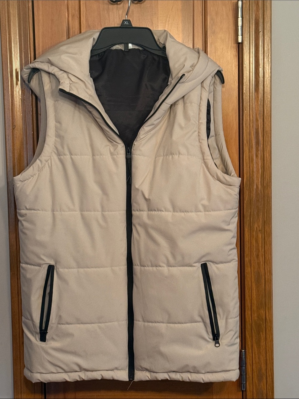 Men's Hooded Puffer Vest with hood in Light Beige